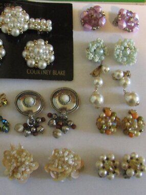 Vintage Clip On Earring Lot 9 Pair Earrings BEADED & FAUX PEARLS Japan Hong Kong